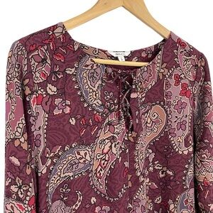 Reitmans Paisley Lace Neck Popover Top Womens L Burgundy Floral Wide Sleeve EUC